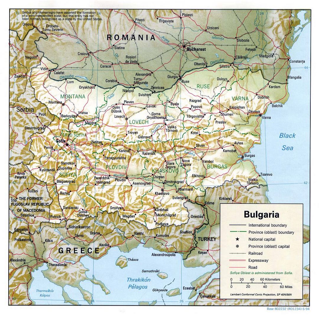 Mapa político y administrativo grande de Bulgaria con alivio, las carreteras y las principales ciudades - 1994
