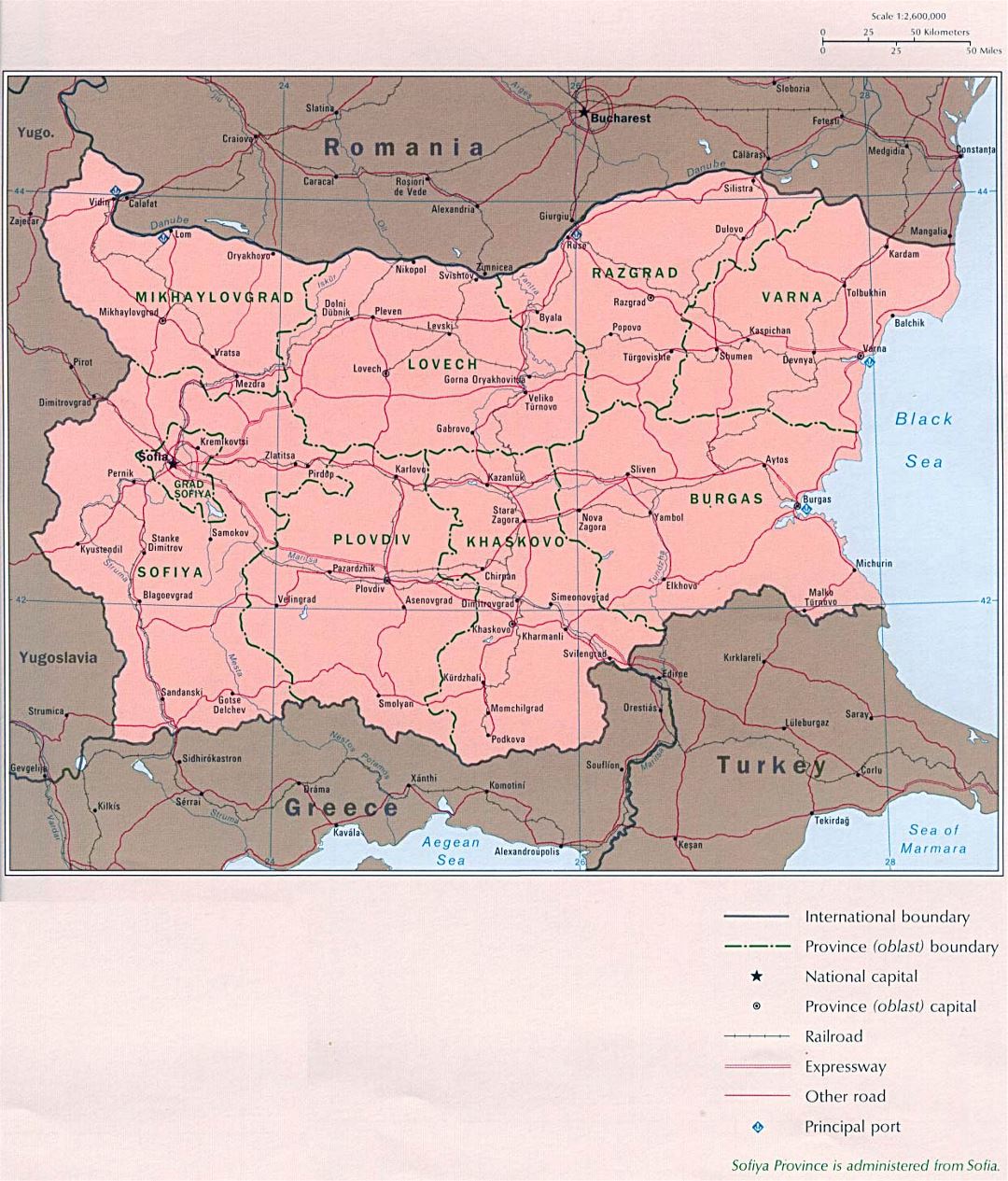 Mapa político y administrativo grande de Bulgaria con las carreteras y ciudades principales
