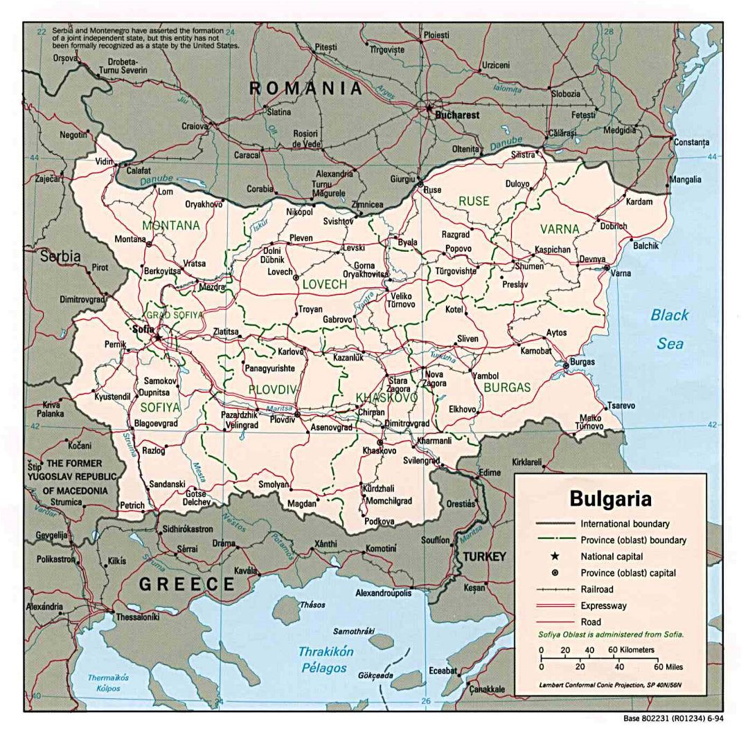 Mapa político y administrativo grande de Bulgaria con las carreteras y las principales ciudades - 1994
