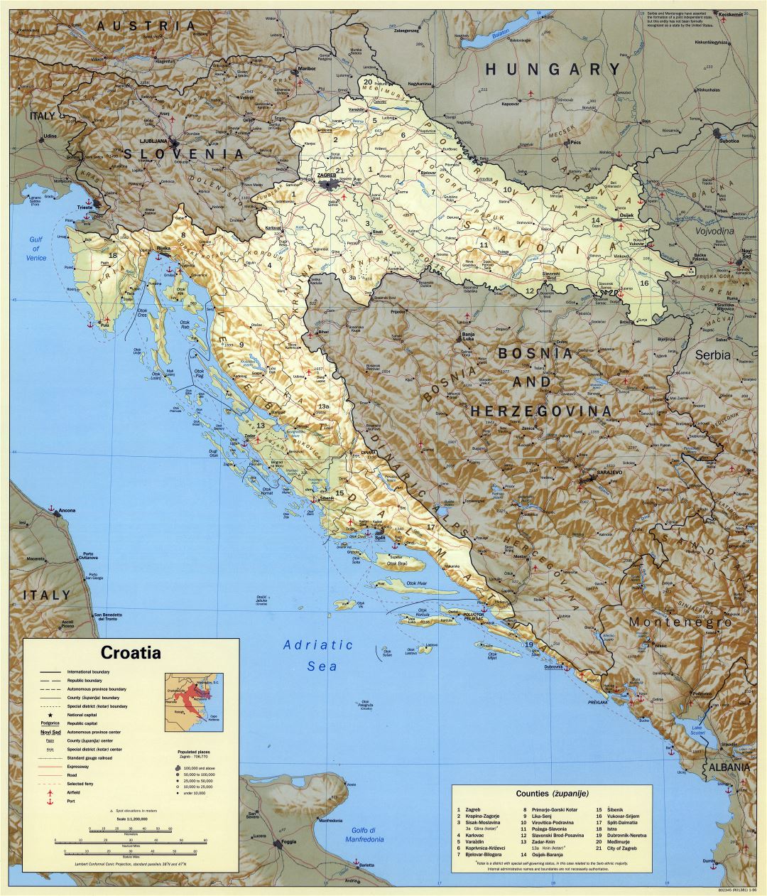 Ampliación de la escala del mapa político y administrativo de Croacia con relieve, marcas de ciudades, carreteras, ferrocarriles, aeropuertos y puertos marítimos - 1996