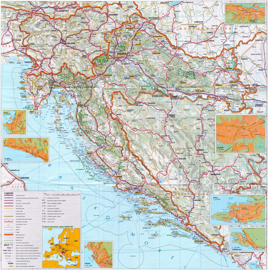 Gran escala hoja de ruta detallada de Croacia con alivio y todas las ciudades