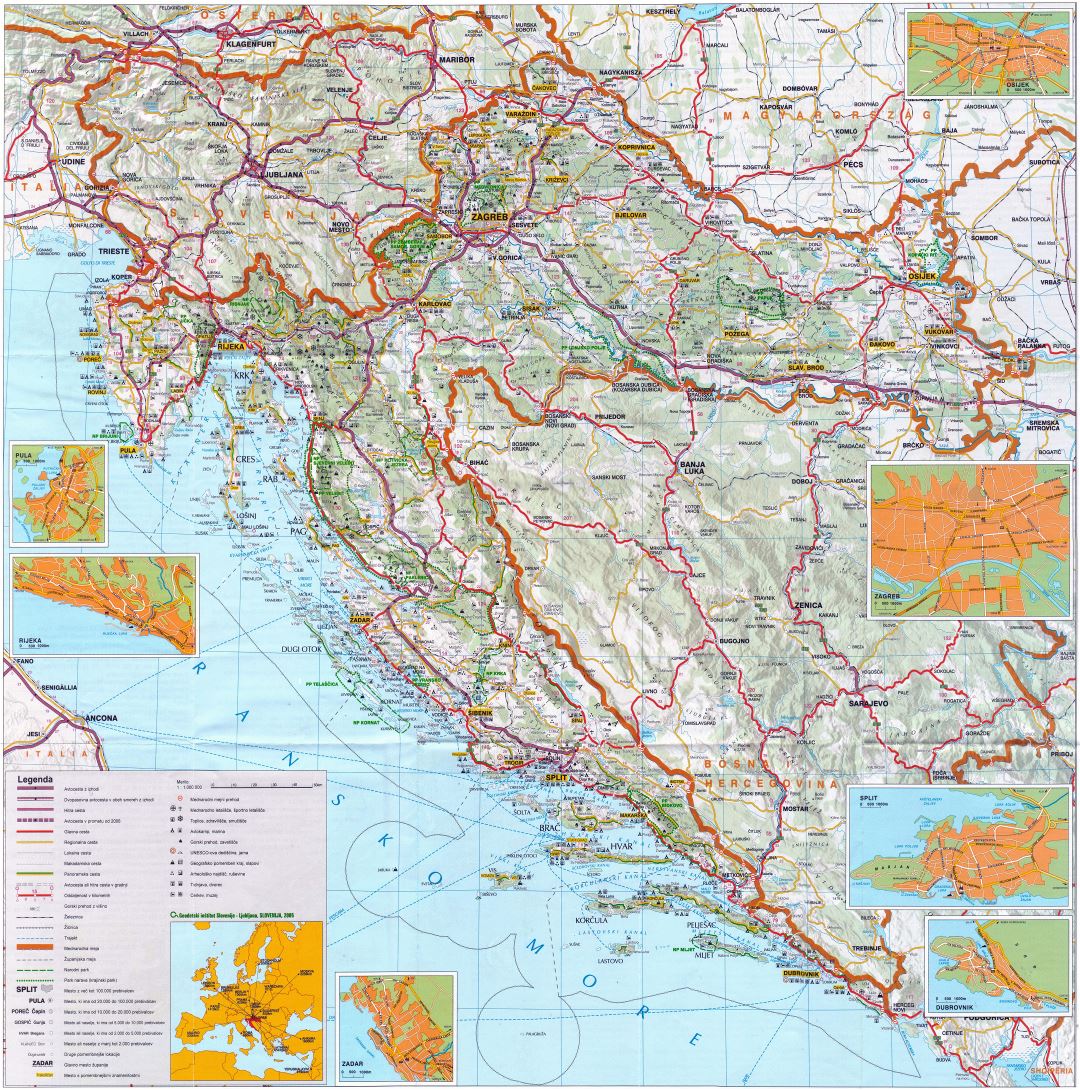 Gran escala hoja de ruta detallada de Croacia con alivio y todas las ciudades