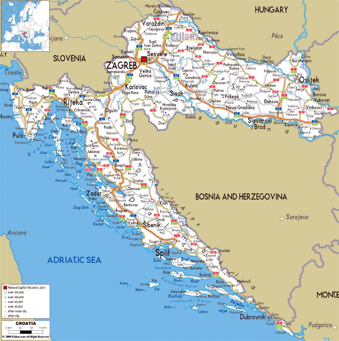 Gran mapa de carreteras de Croacia con las ciudades y aeropuertos
