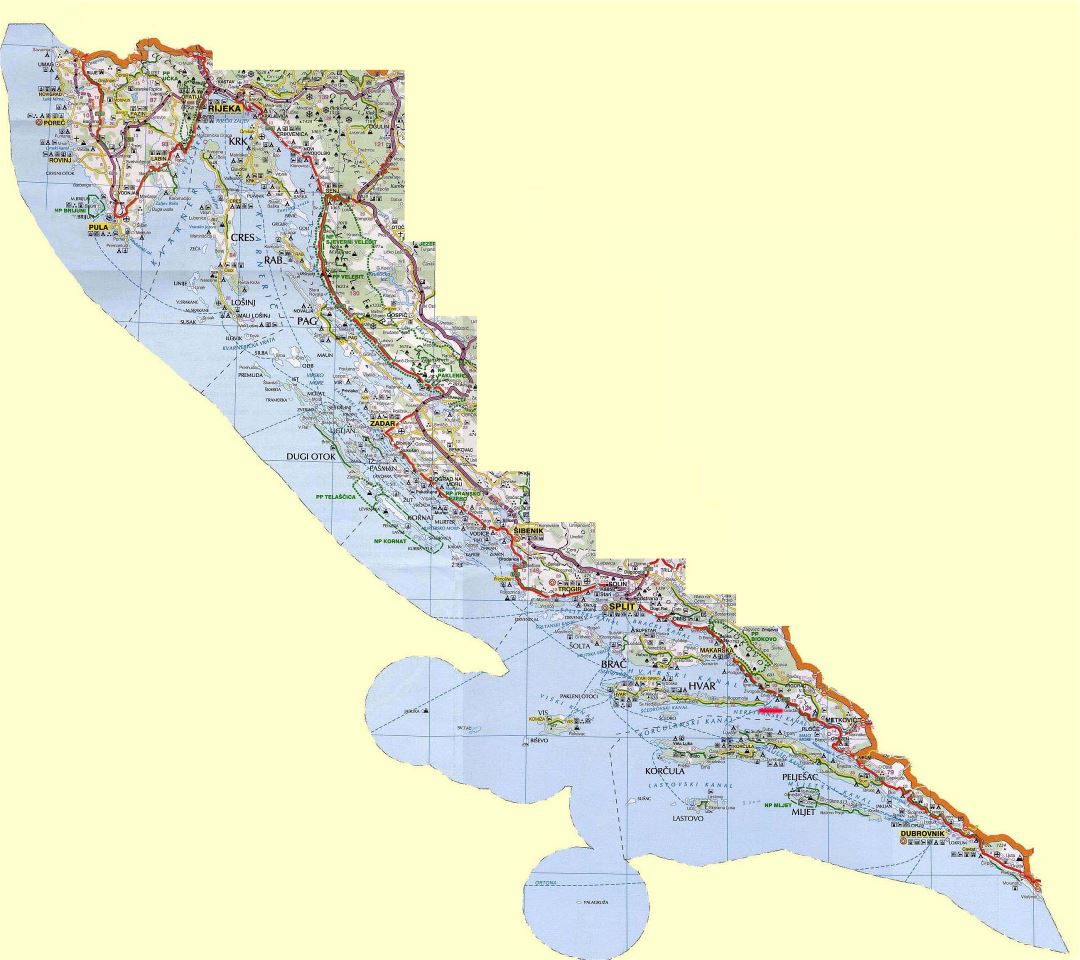 Hoja de ruta detallada de la costa de Croacia