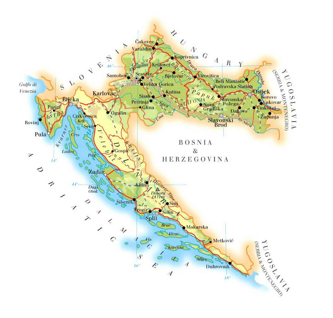 Mapa de elevación grande de Croacia con carreteras, ciudades y aeropuertos