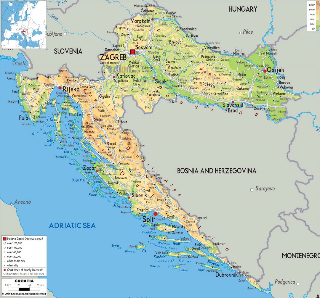 Mapa físico grande de Croacia con carreteras, ciudades y aeropuertos