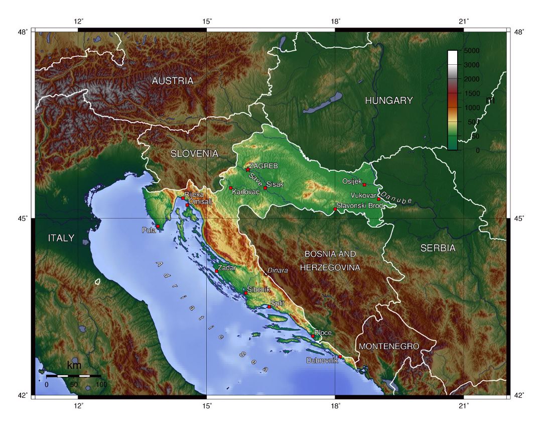 Mapa físico grande de Croacia