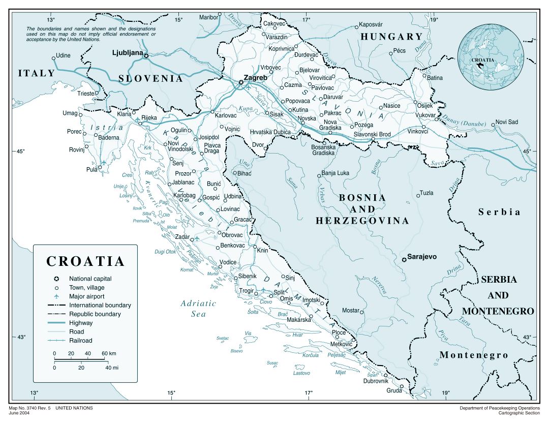 Mapa grande política detallada de Croacia con las carreteras, las principales ciudades y aeropuertos