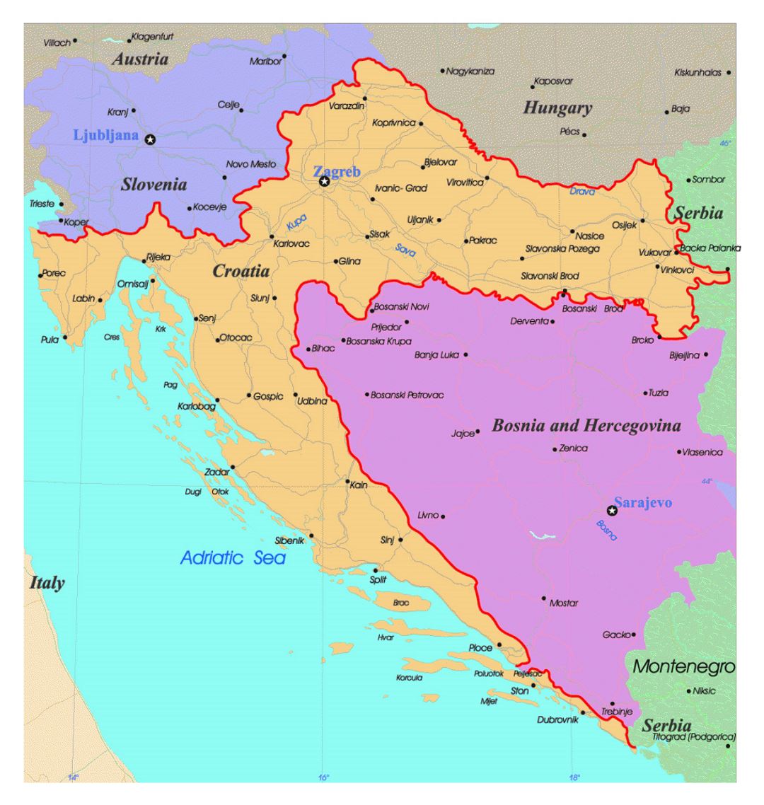 Mapa político detallada de Croacia con las carreteras y ciudades principales