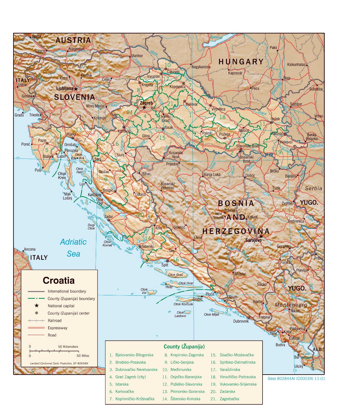 Mapa político y administrativo a gran escala de Croacia con alivio, caminos y ciudades - 2001