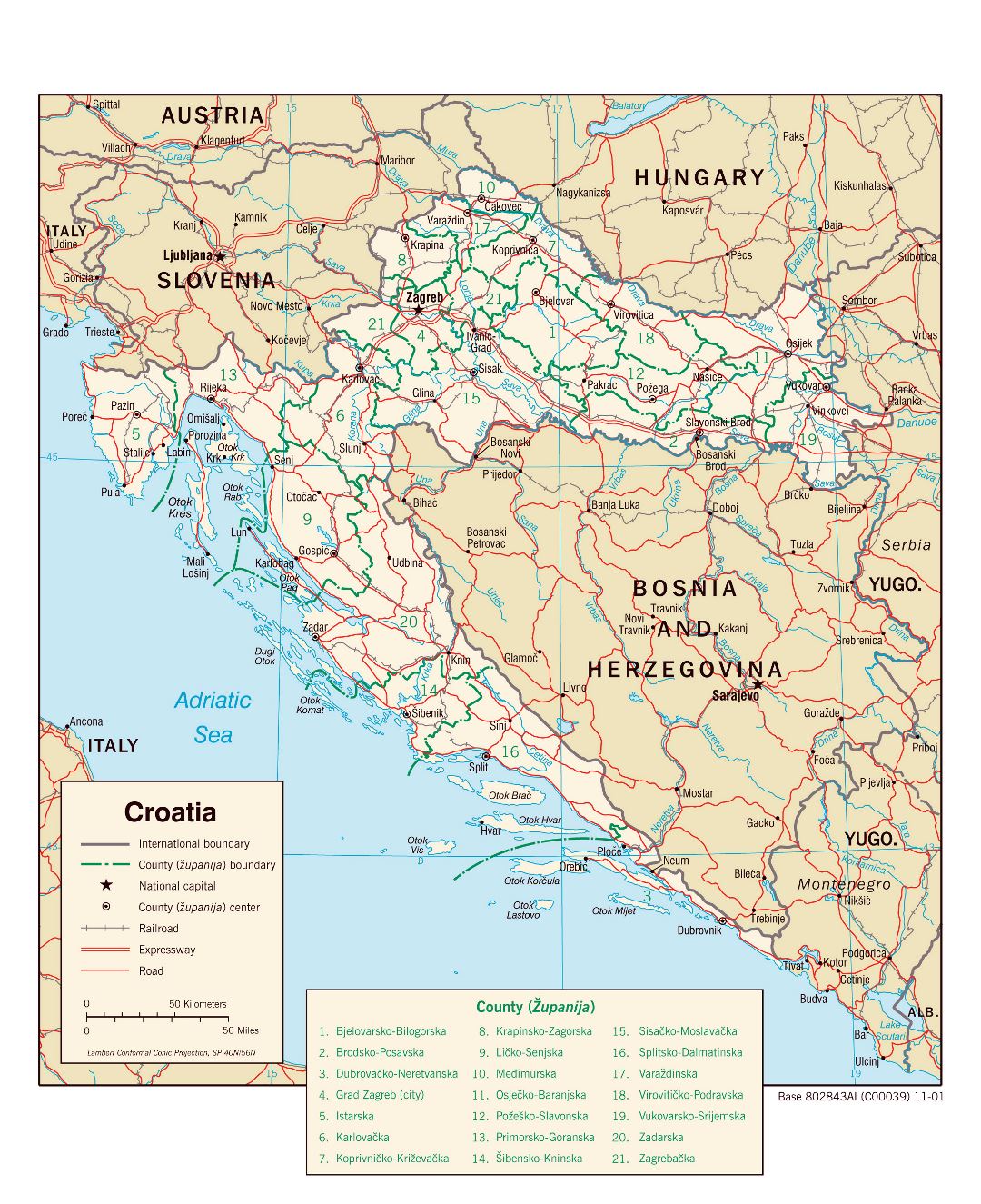 Mapa político y administrativo a gran escala de Croacia con caminos y ciudades - 2001