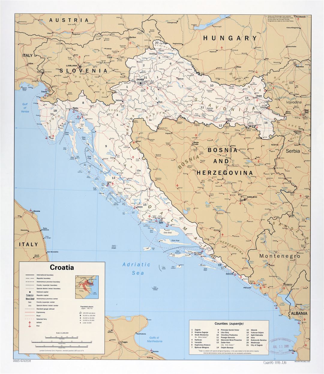 Mapa político y administrativo a gran escala de Croacia con las carreteras, las principales ciudades, puertos y aeropuertos - 1995