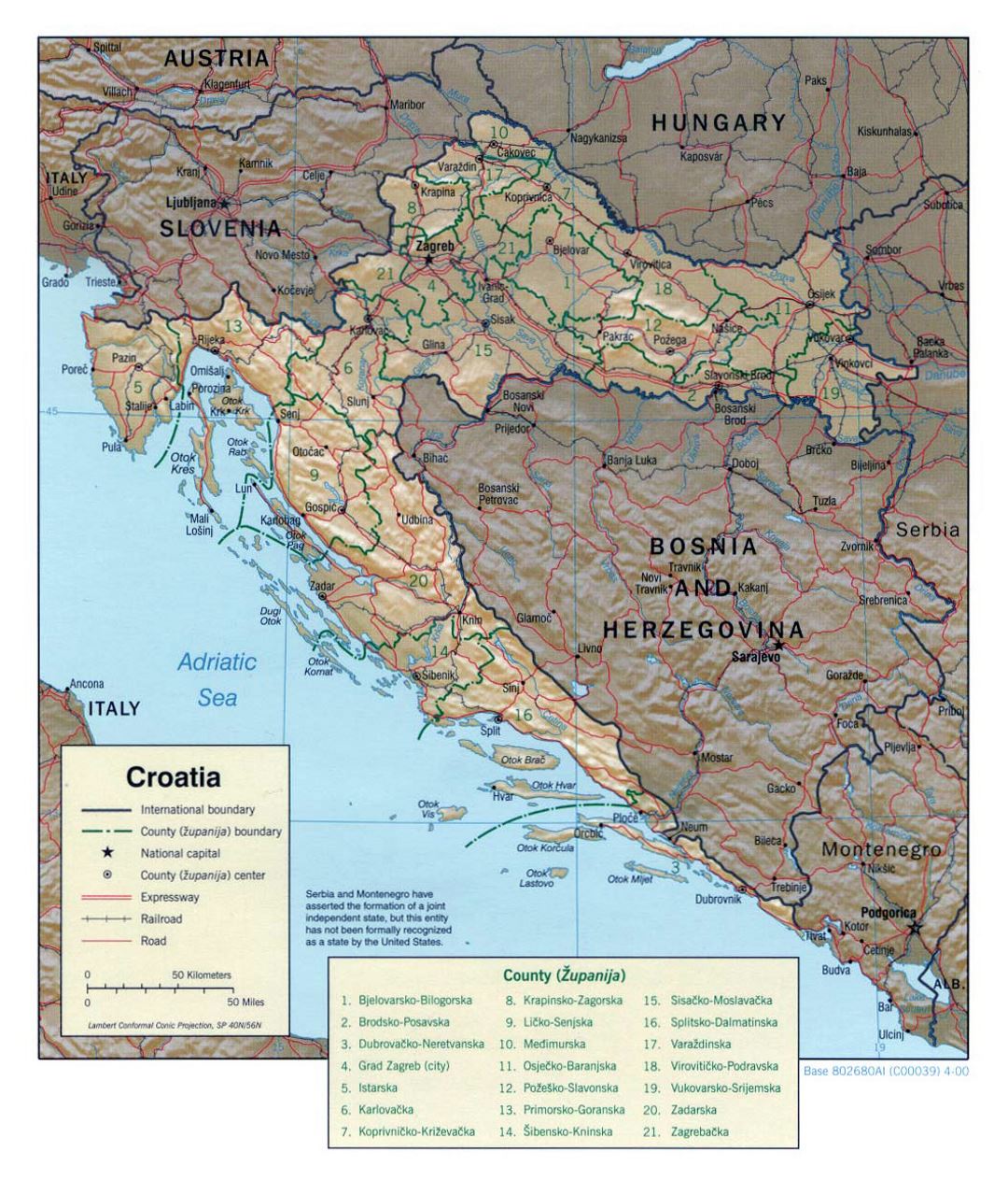 Mapa político y administrativo grande de Croacia con alivio, caminos y ciudades - 2000