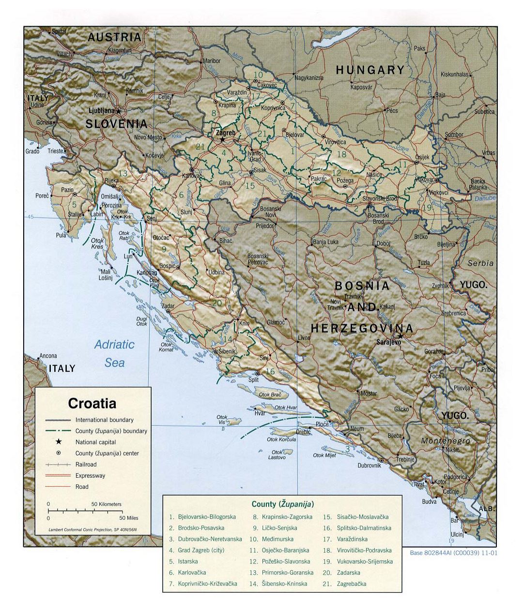 Mapa político y administrativo grande de Croacia con alivio, caminos y ciudades - 2001