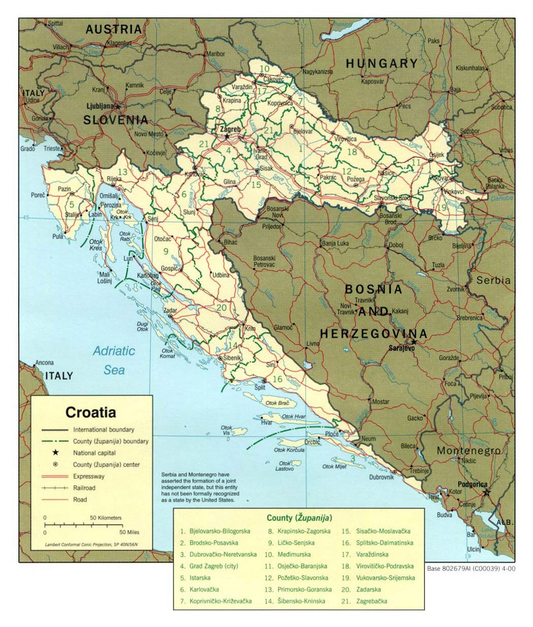 Mapa político y administrativo grande de Croacia con caminos y ciudades - 2000