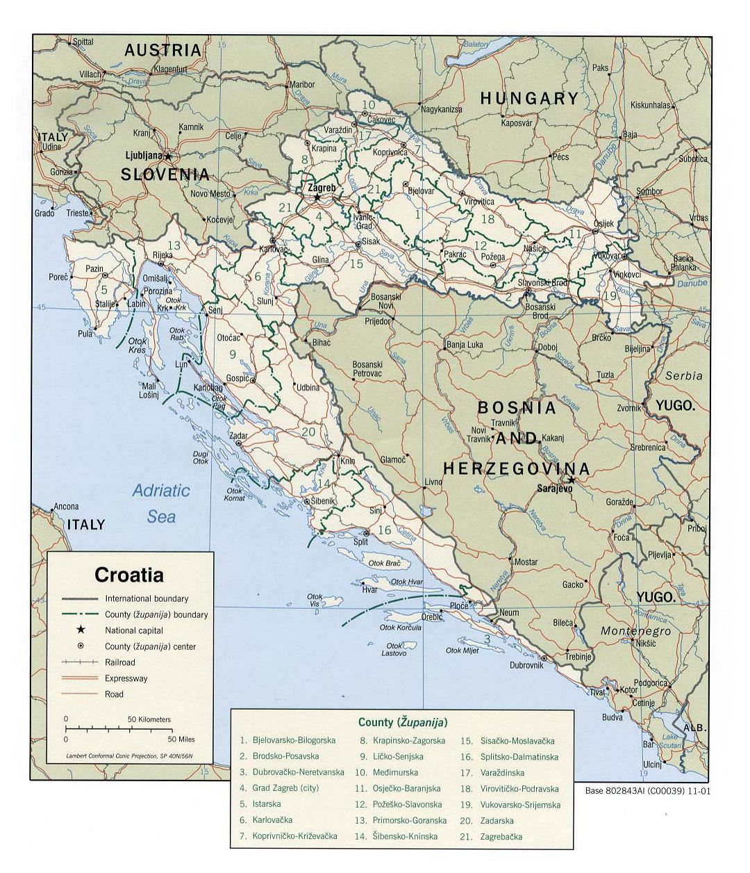 Mapa político y administrativo grande de Croacia con caminos y ciudades - 2001