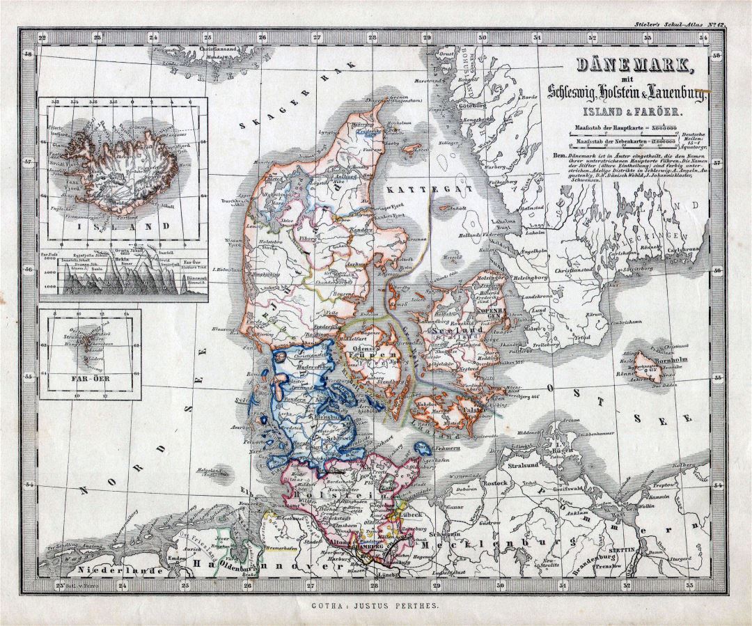 Ampliación de la escala del mapa político y administrativo antigua de Dinamarca con ciudades - 1862