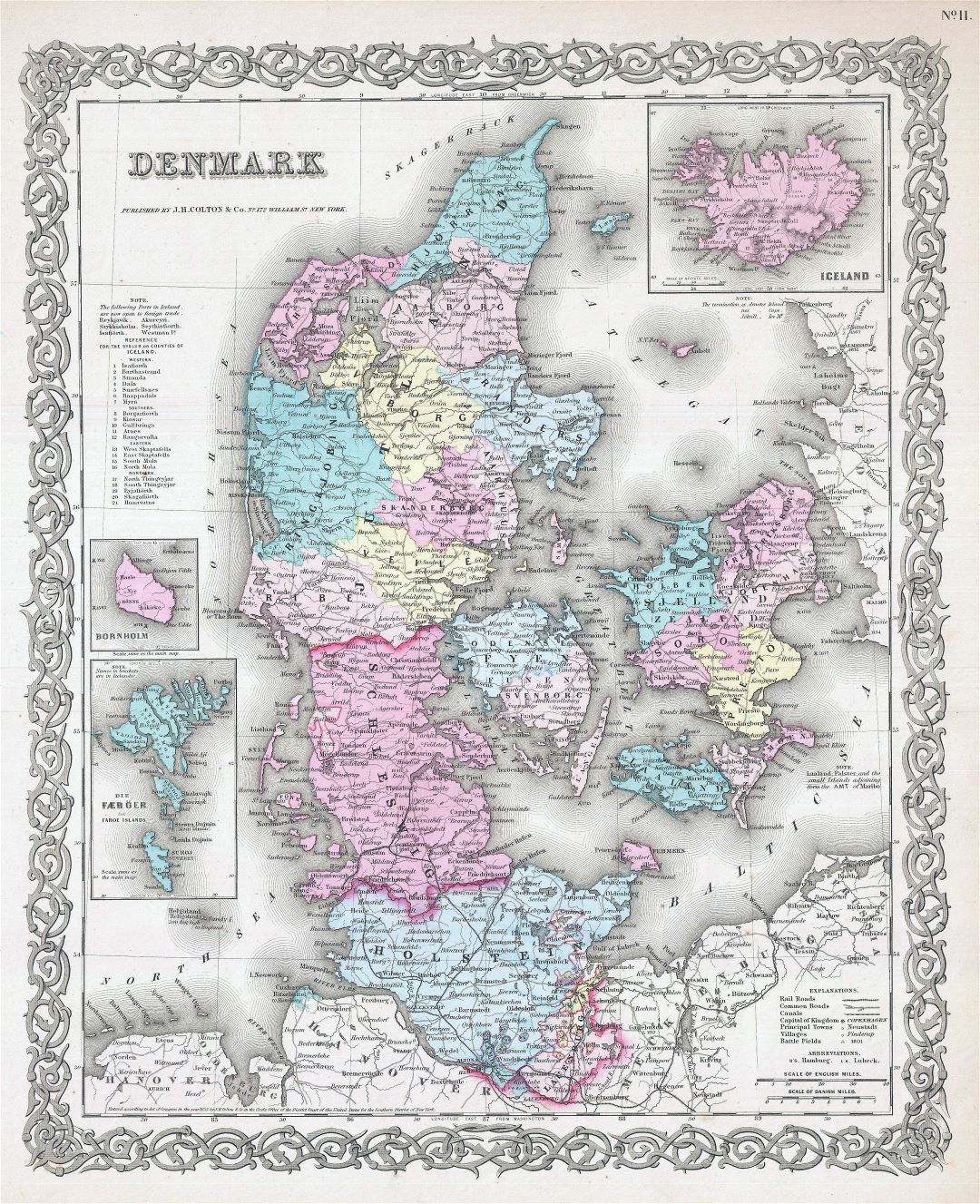 Ampliación de la escala del mapa político y administrativo antigua de Dinamarca con las carreteras y ciudades - 1855