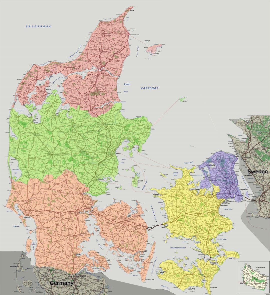 Gran escala hoja de ruta detallada de Dinamarca con todas las ciudades y pueblos