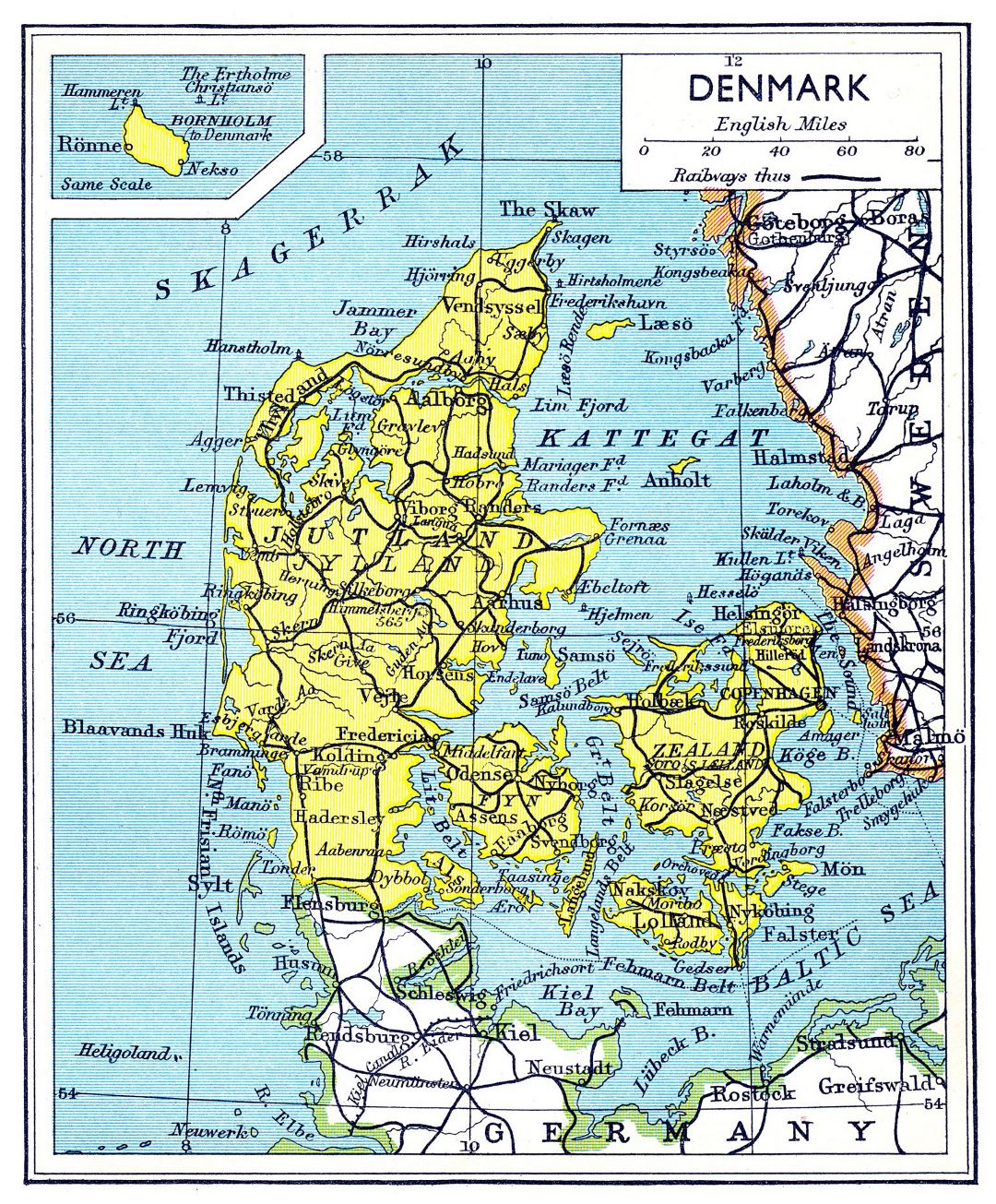 Gran hoja de ruta antigua de Dinamarca - 1941