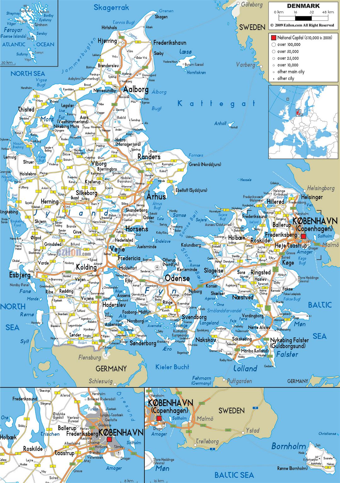Gran hoja de ruta de Dinamarca con las ciudades y aeropuertos