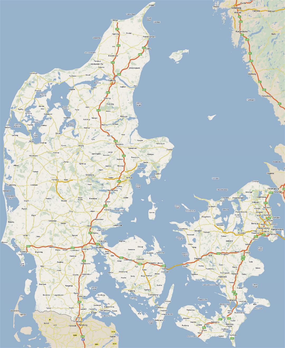 Gran hoja de ruta de Dinamarca con todas las ciudades