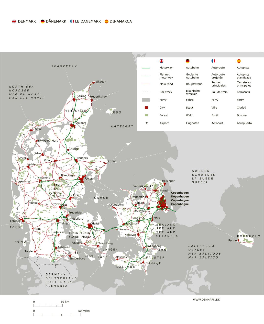 Gran hoja de ruta detallada de Dinamarca con las principales ciudades y aeropuertos