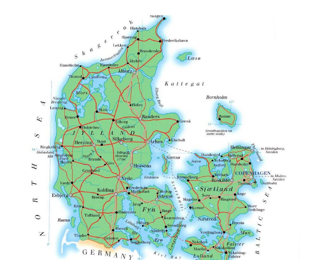 Mapa de elevación grande de Dinamarca con carreteras, ciudades y aeropuertos