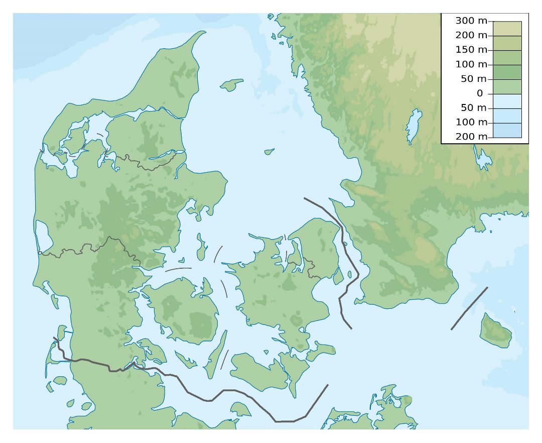 Mapa físico grande de Dinamarca