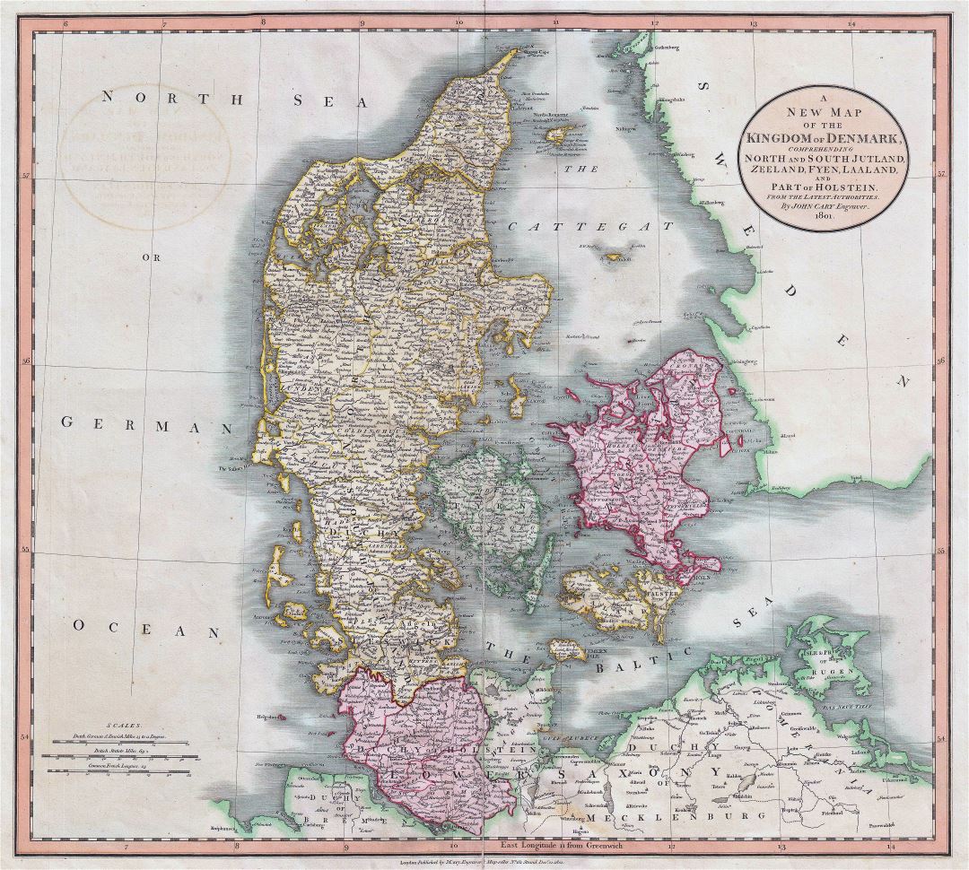 Mapa grande de edad detallado de Dinamarca con ciudades - 1801