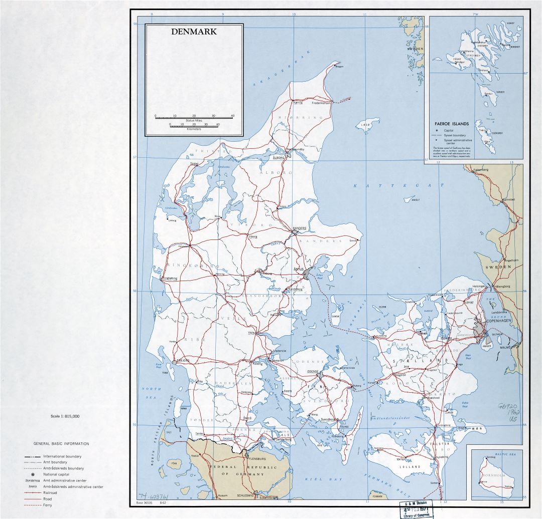 Mapa político y administrativo a gran escala de Dinamarca con carreteras, ferrocarriles y las principales ciudades - 1962