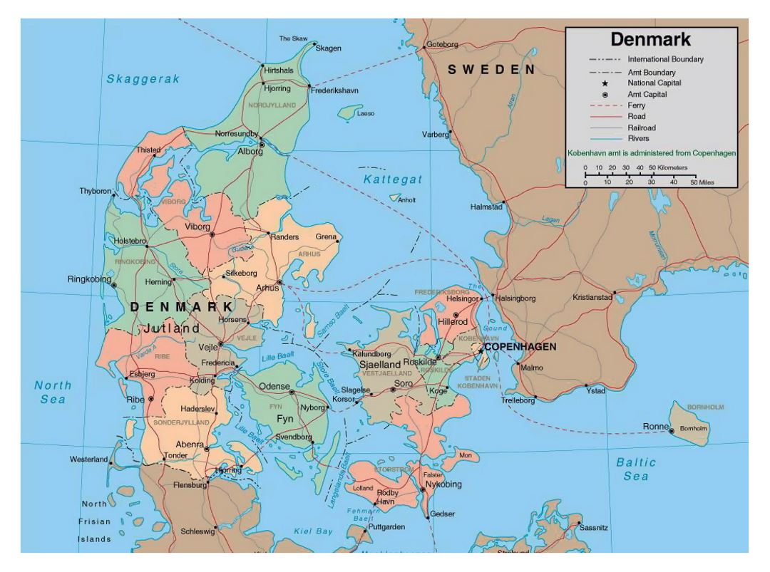 Mapa político y administrativo detallada de Dinamarca