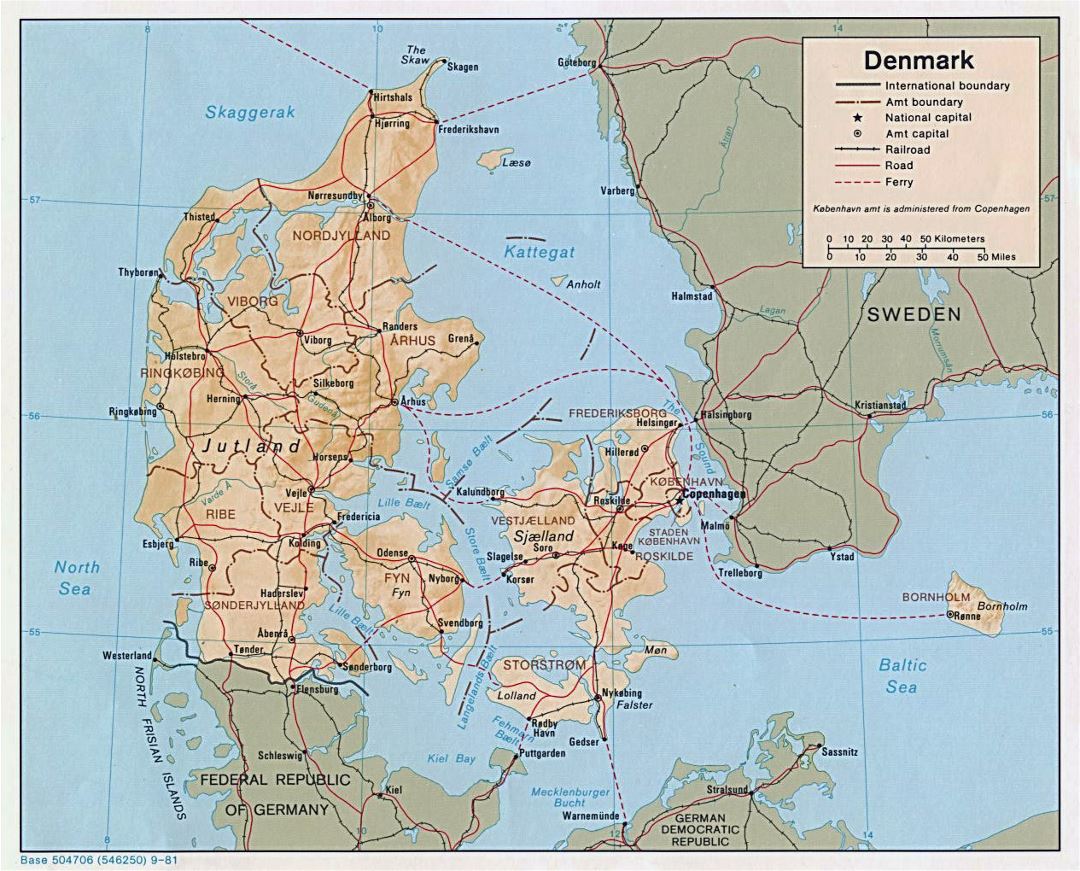 Mapa político y administrativo detallado de Dinamarca con alivio, las carreteras y las principales ciudades - 1981