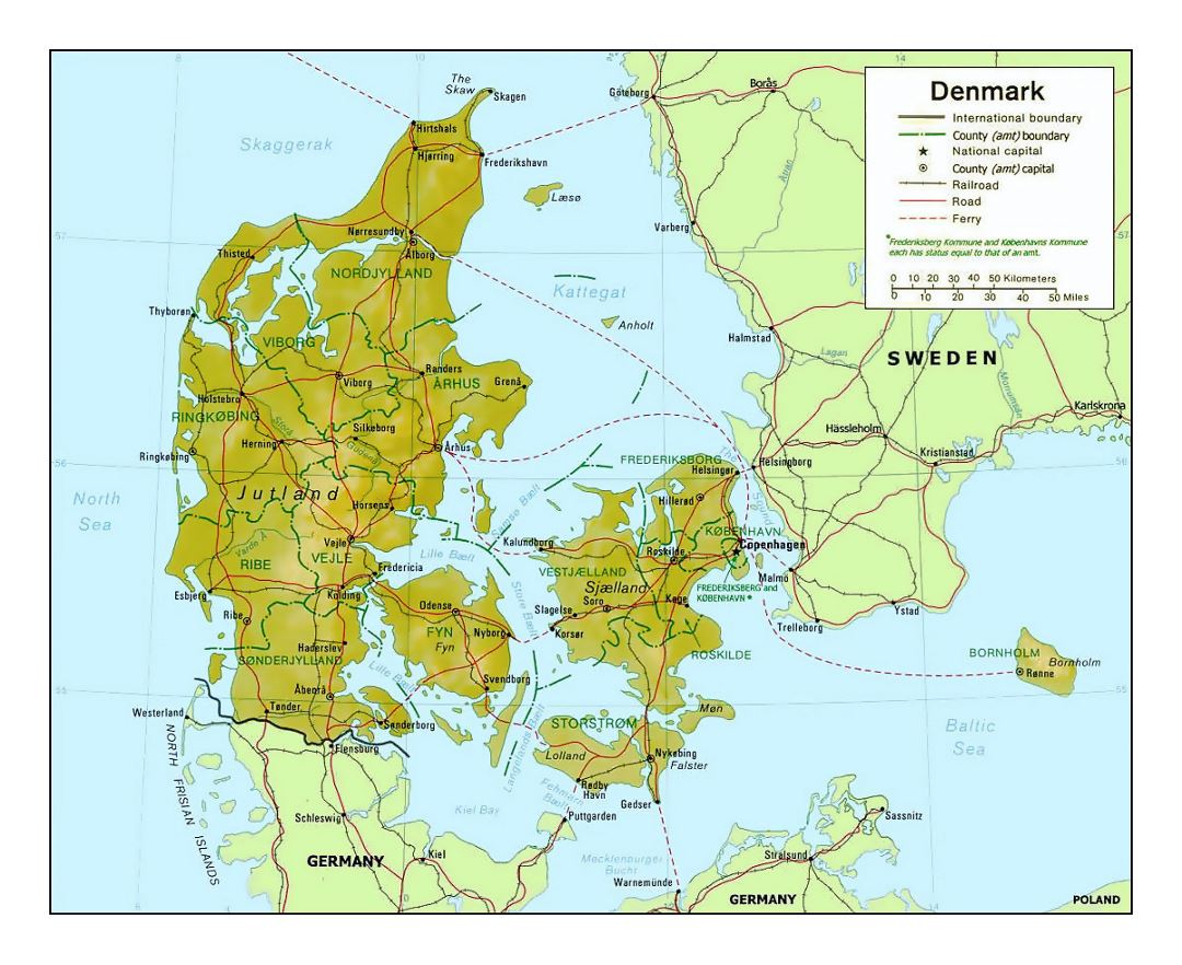 Mapa político y administrativo detallado de Dinamarca con el alivio