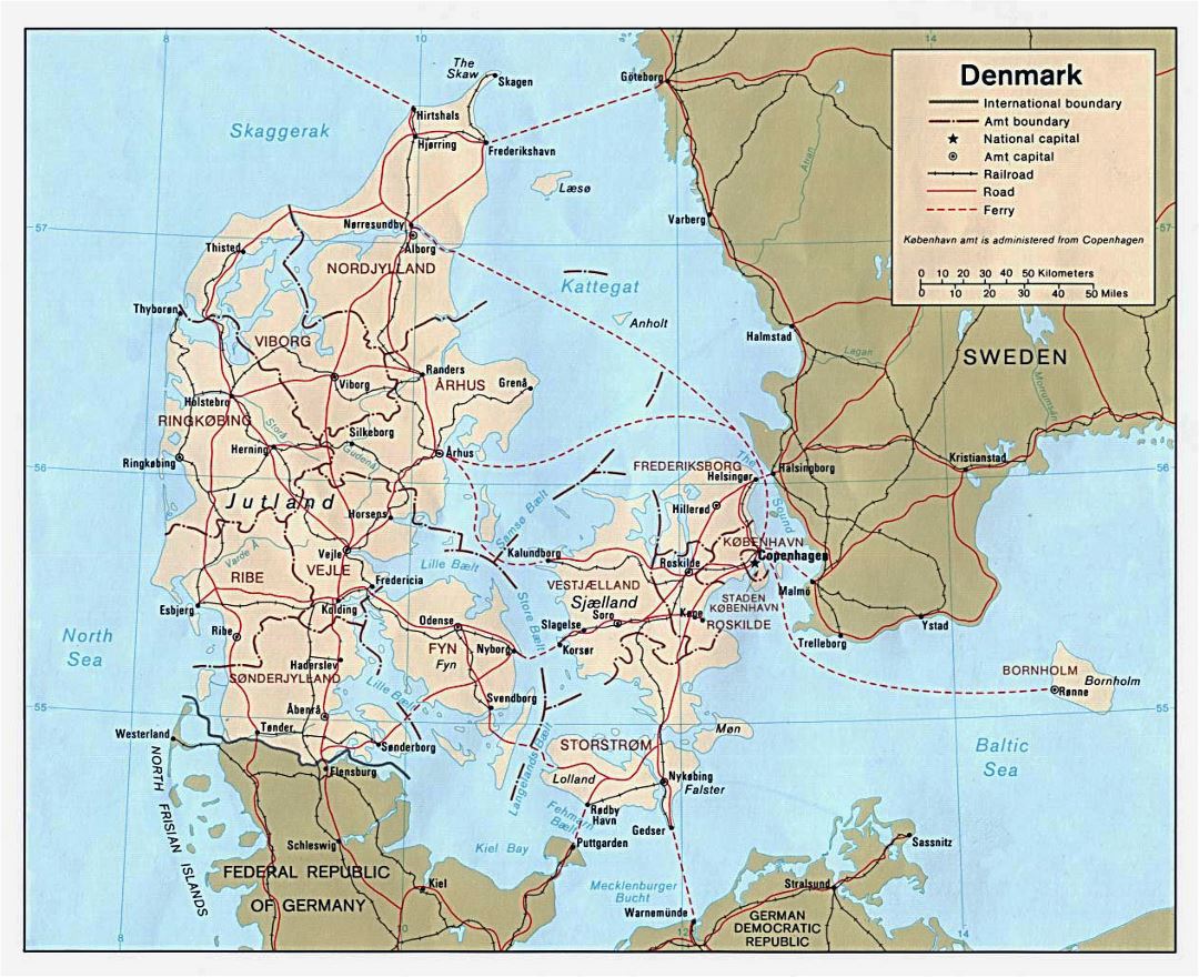 Mapa político y administrativo detallado de Dinamarca con las carreteras y las principales ciudades - 1981