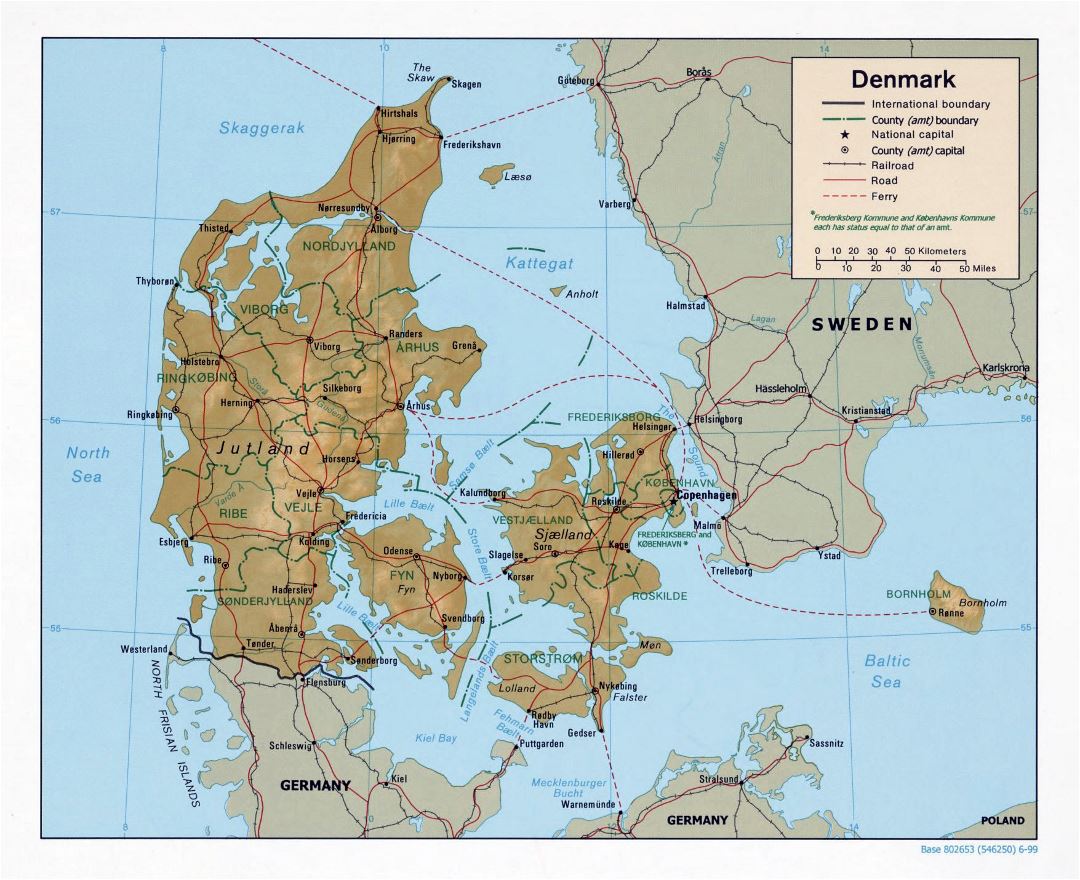 Mapa político y administrativo grande de Dinamarca con alivio, carreteras, vías férreas y las principales ciudades - 1999