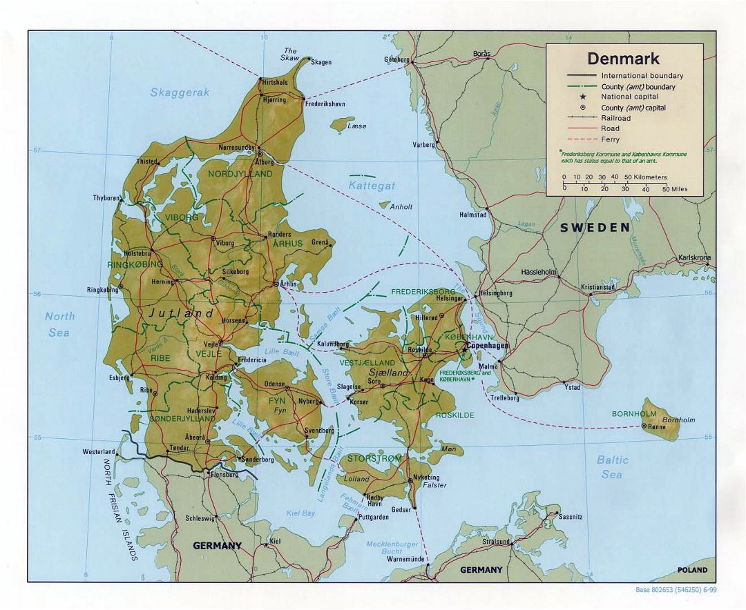 Mapa político y administrativo grande de Dinamarca con alivio, las carreteras y las principales ciudades - 1999