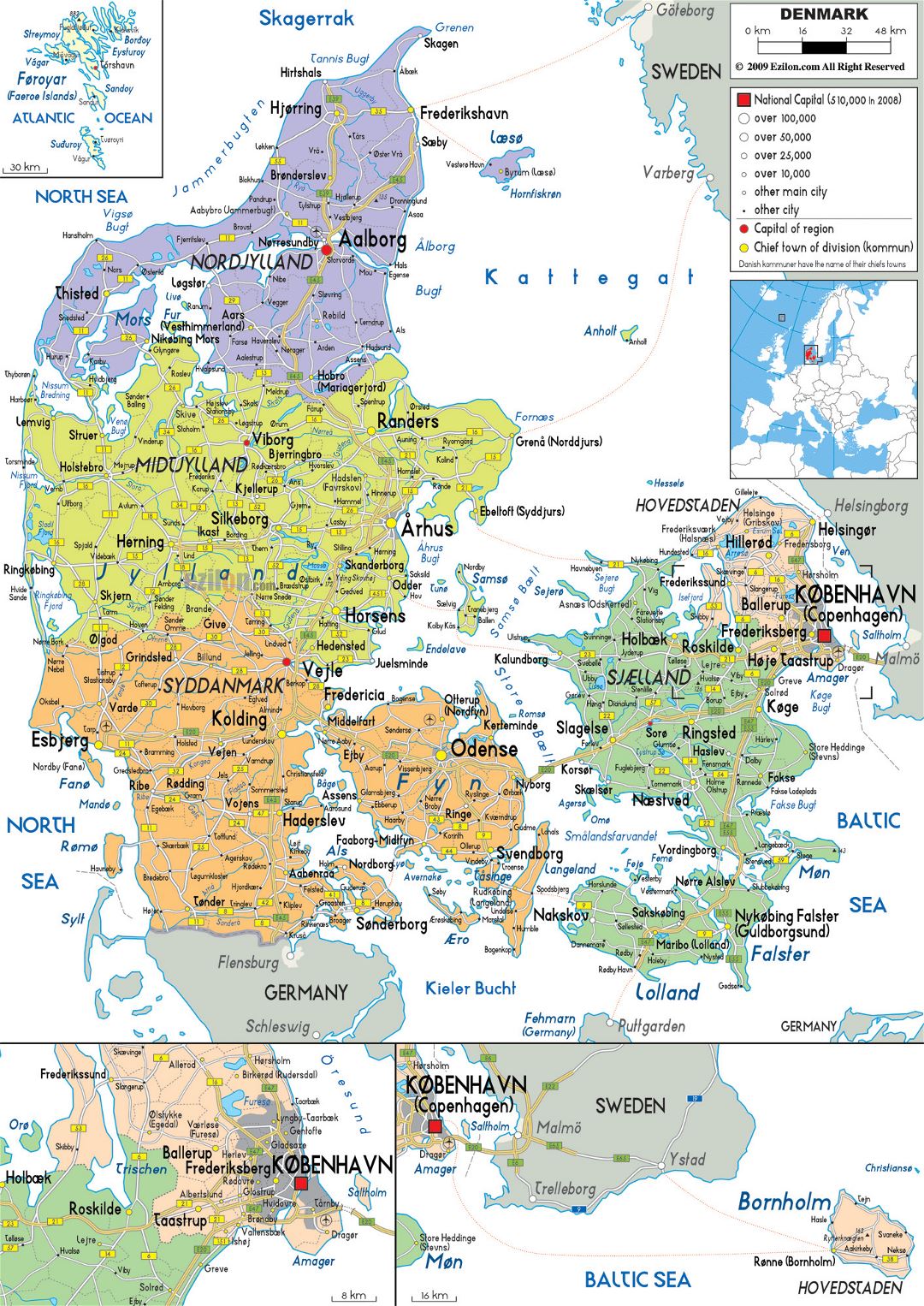 Mapa político y administrativo grande de Dinamarca con carreteras, ciudades y aeropuertos