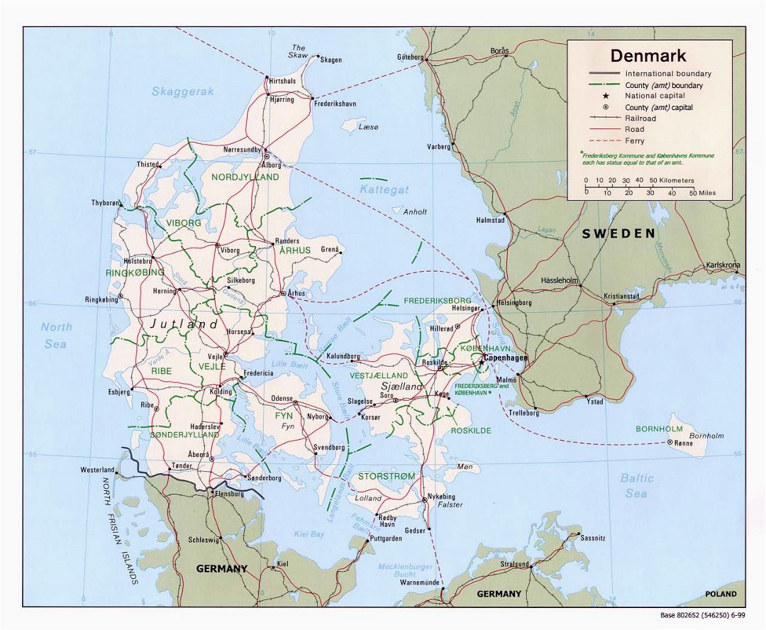 Mapa político y administrativo grande de Dinamarca con las carreteras y las principales ciudades - 1999