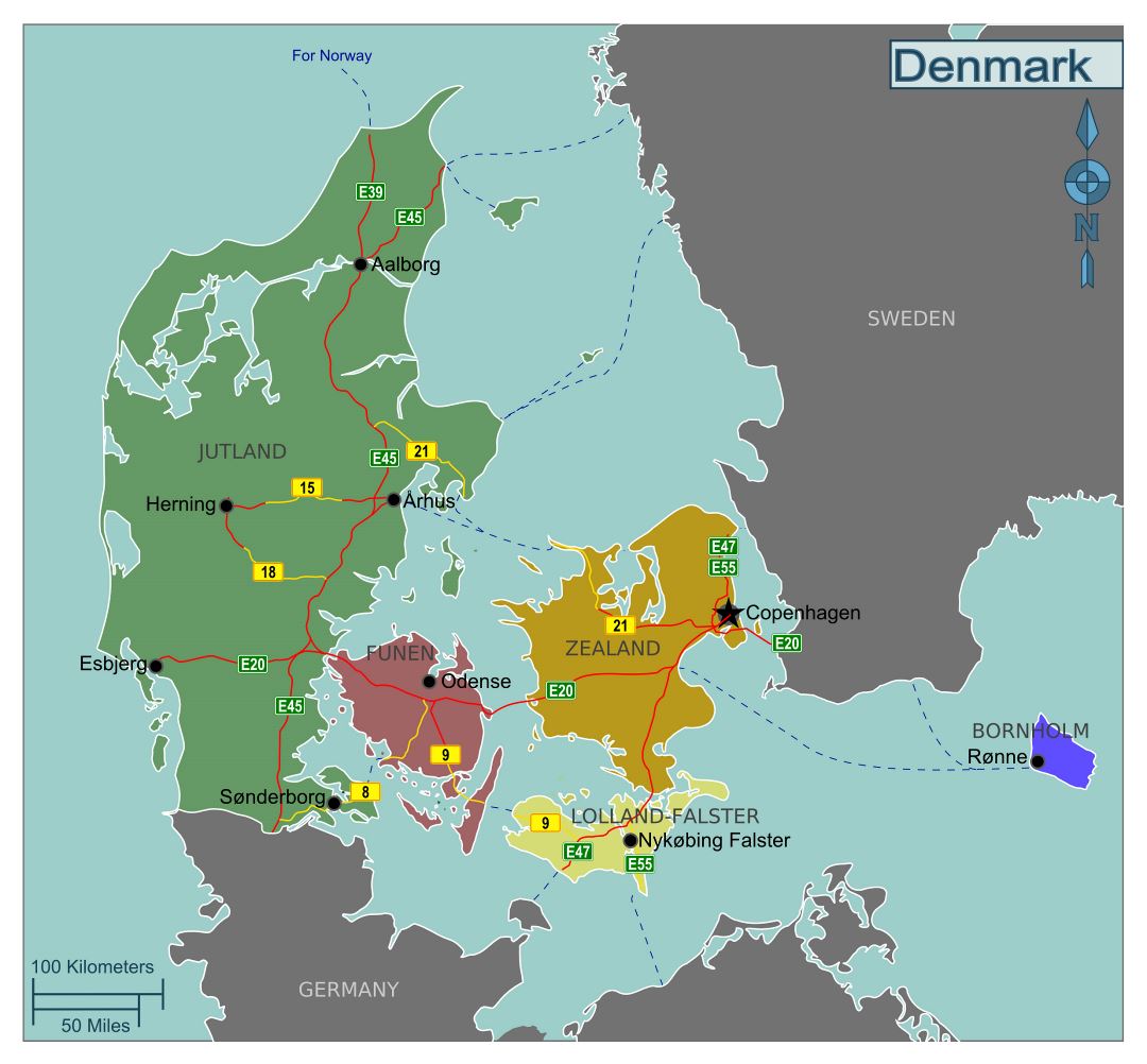 Regiones Mapa grande de Dinamarca