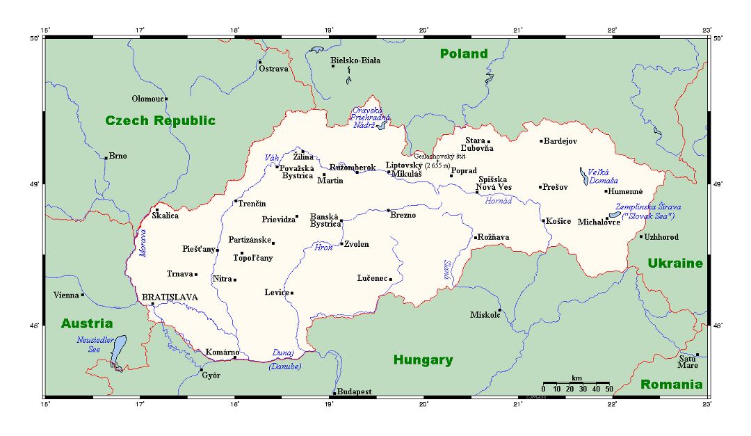 Detallado mapa de Eslovaquia con principales ciudades