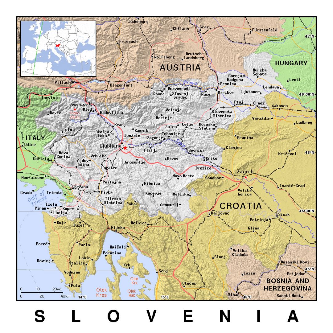Detallado mapa político de Eslovenia con relieve