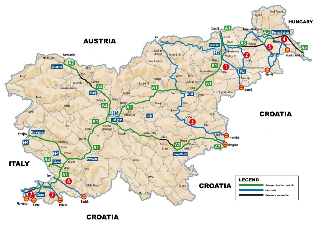 Grande detallado corredores internacionales, carreteras y mapa de carreteras locales de Eslovenia