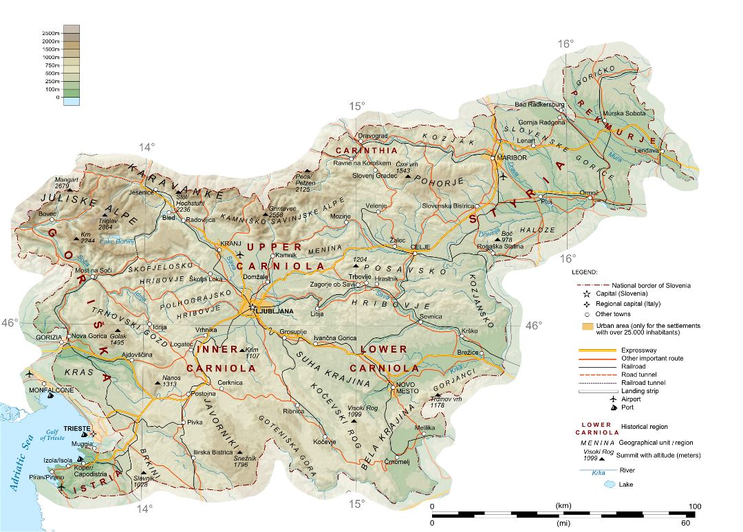 Grande detallado mapa físico de Eslovenia con carreteras, ferrocarriles, ciudades, puertos y aeropuertos