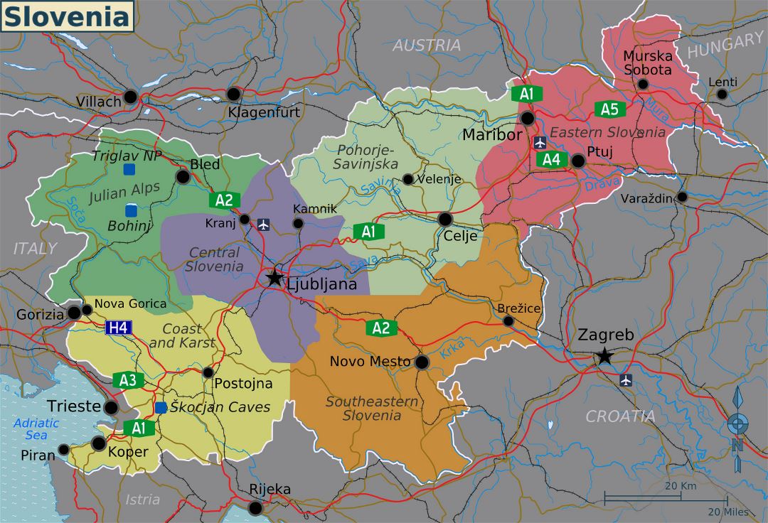 Grande mapa de regiones de Eslovenia