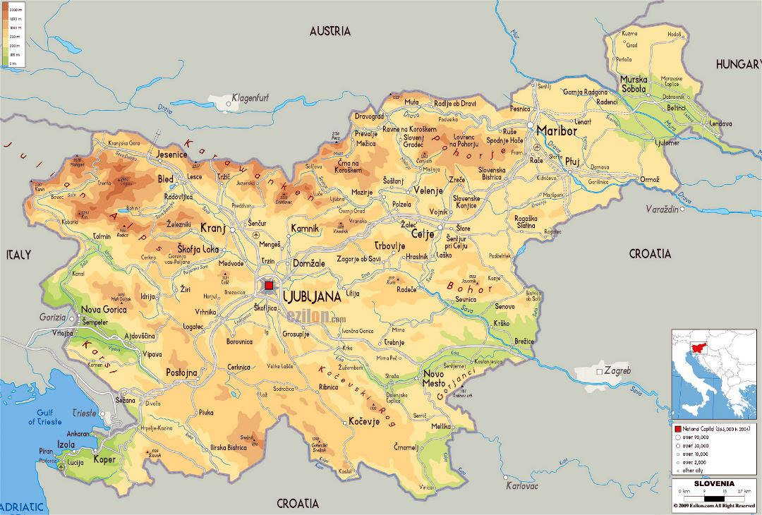 Grande mapa físico de Eslovenia con carreteras, ciudades y aeropuertos