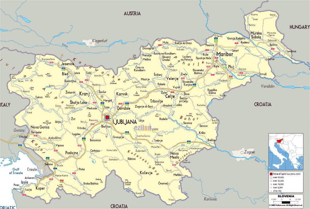 Grande mapa político de Eslovenia con carreteras, ciudades y aeropuertos