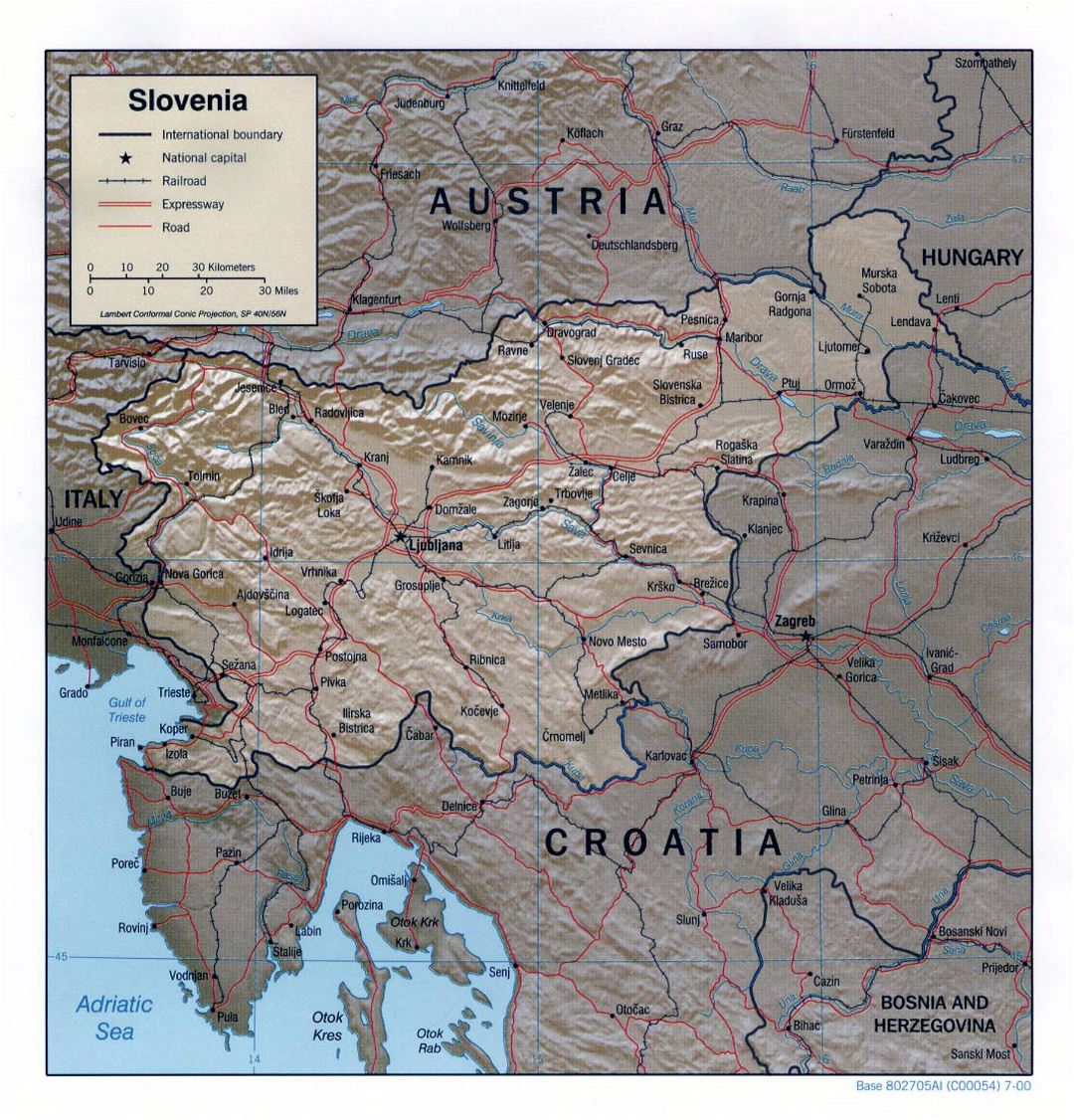 Grande mapa político de Eslovenia con relieve, carreteras, ferrocarriles y ciudades principales - 2000