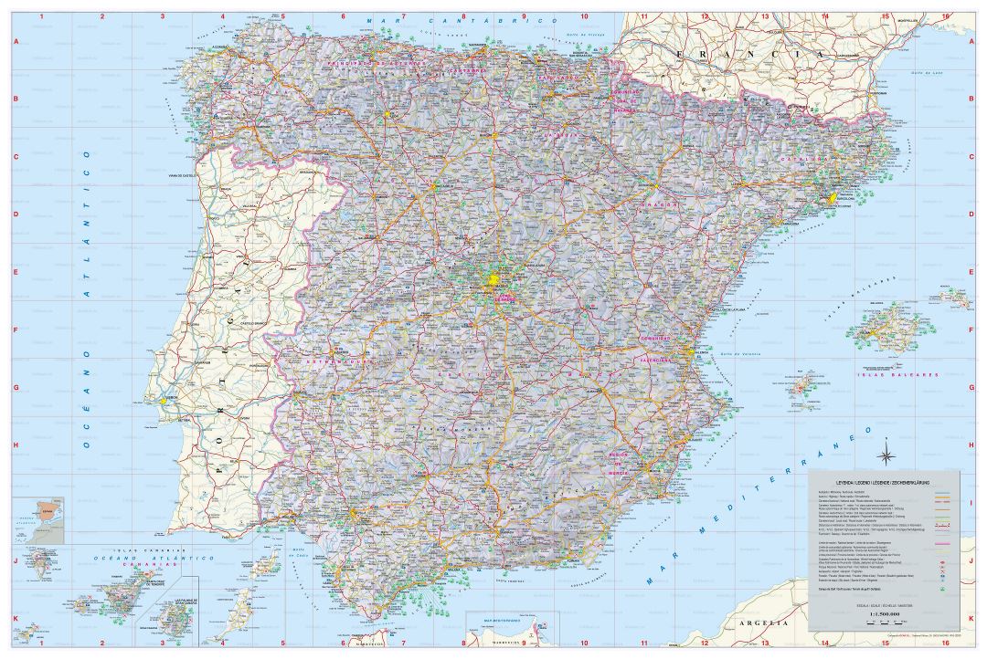 A gran escala mapa de España con todas ciudades, pueblos, carreteras, autopistas y aeropuertos