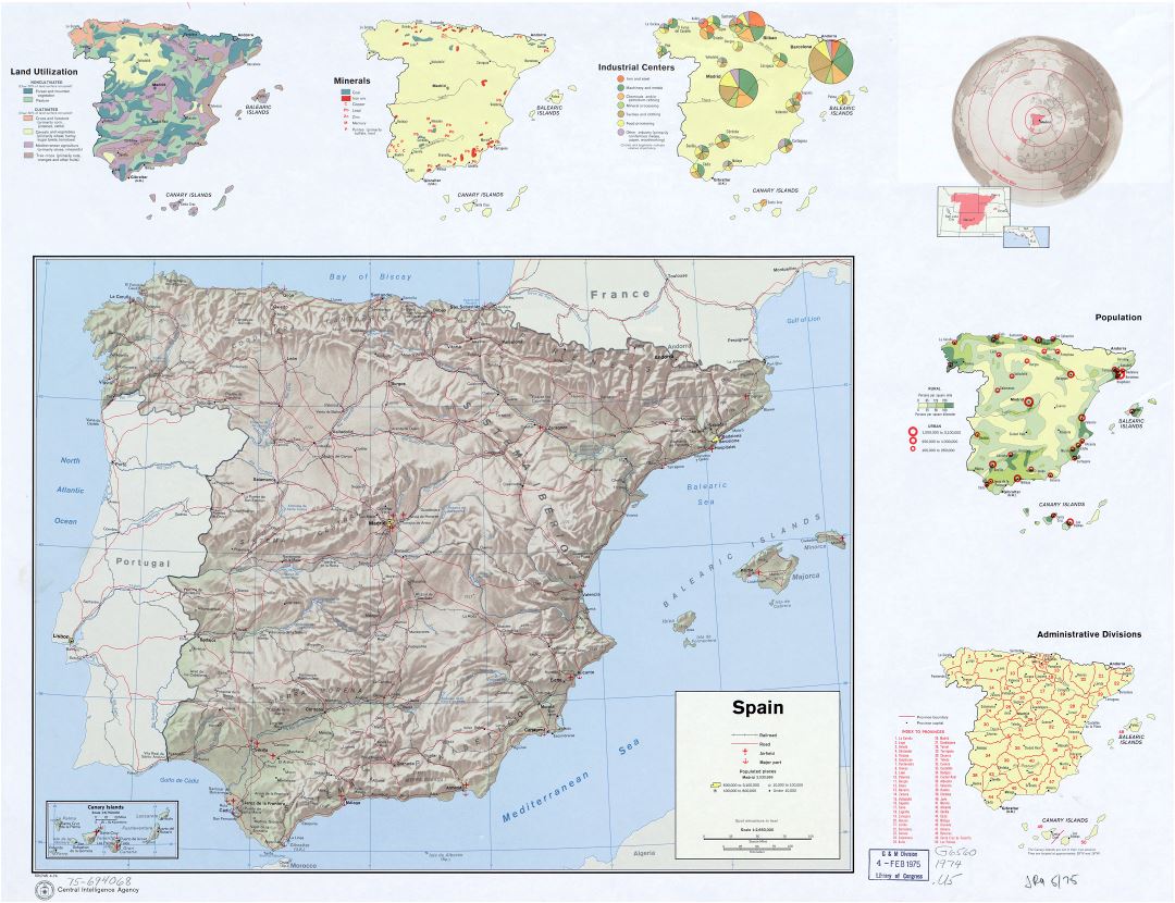 A gran escala mapa de perfil de país de España - 1974